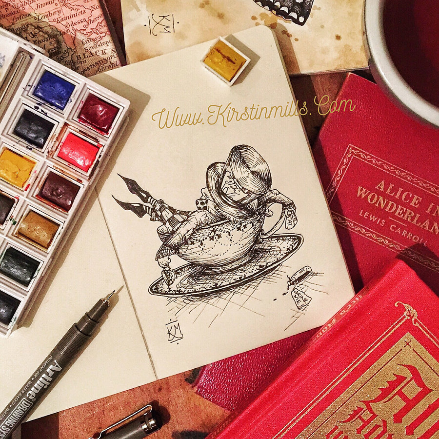 tea party alice in wonderland drawing